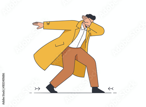 A frightened and scared individual fleeing in panic or evading psychological distress, depicted as a terrified man with a fearful expression, rendered as a flat vector illustration on a white