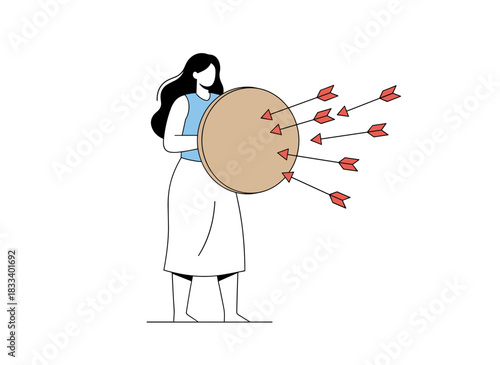 An upset cartoon woman with mental disorders holds a shield with arrows, isolated on a white background, depicting a flat vector illustration of a woman rejecting love while illustrating