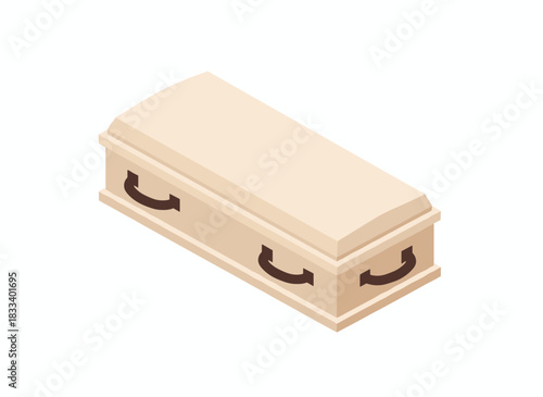 Coffin, a burial casket closed with a lid, wooden mourning box for the deceased, used in funeral religious ceremonies, depicted as a flat vector illustration on a white background