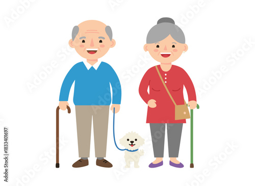 An elderly couple, a gentleman and a lady, strolling with canes and a leashed dog, dressed in elegant attire, depicted as flat cartoon characters in an illustration