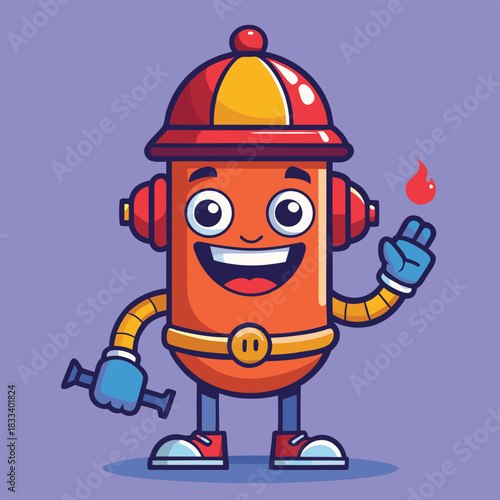 Happy cartoon fire hydrant character holding a small flame
