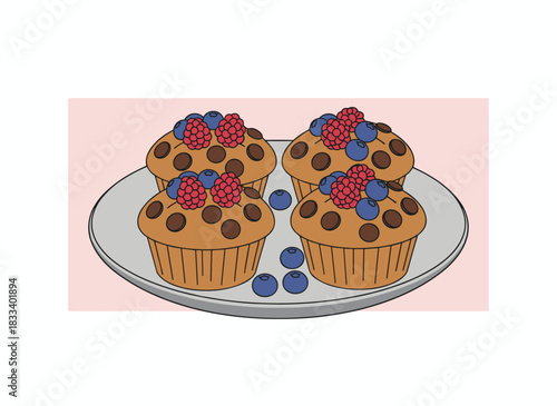 Sweet chocolate-chip cupcakes rest on a plate against a bright background, rendered as a flat cartoon vector illustration that showcases their delicious baked dessert appeal