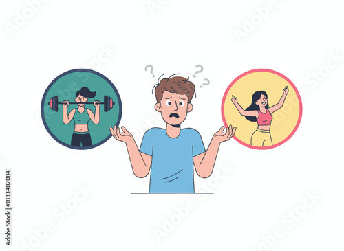A confused man weighing two potential girlfriends, depicted in a flat vector illustration against a white background