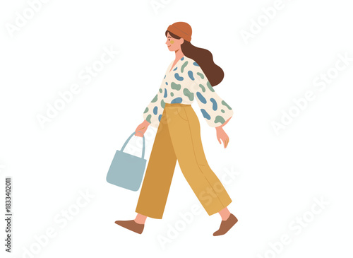 A young woman in trendy casual attire walks forward, her profile visible, wearing a knitted hat, depicted in a colored flat vector illustration of a modern human isolated on a white background