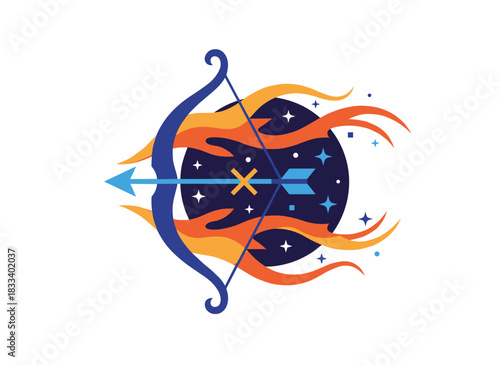Sagittarius, the zodiac sign depicted as an archer with a bow and arrow, a celestial astrology symbol, rendered as a flat vector illustration on a white background
