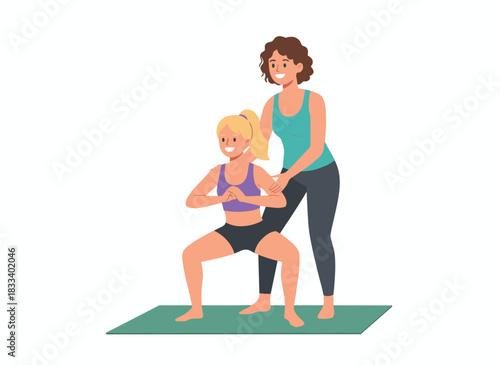 Mother and daughter perform squats together in a cheerful, active family setting, showcasing a healthy workout between a woman parent and her child, depicted as a flat vector illustration on a white
