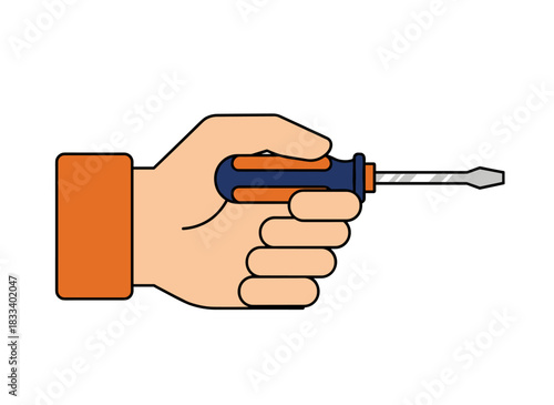 A flat vector illustration of a screwdriver held in hand, used as a manual tightening tool for crafting, repair, building, and carpentry, isolated on a white background