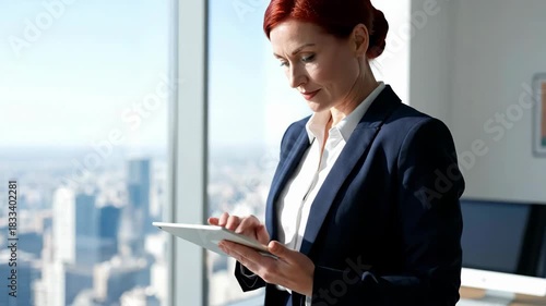 Businesswoman engaging with tablet in stylish office space. Bright environment with expansive city view. Concept of technology, productivity, corporate innovation