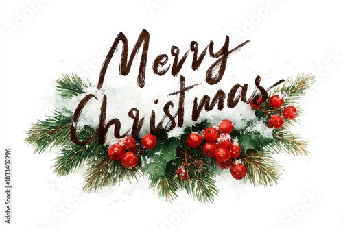 Merry christmas hand lettering with evergreen branches, holly leaves and red berries covered in snow for the festive holiday season