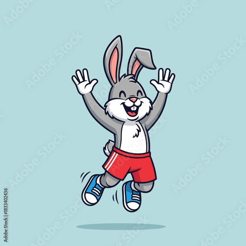 Happy gray cartoon rabbit jumping with excitement and joy.