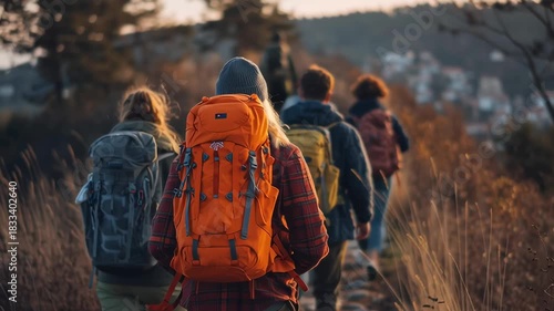 A group of people are hiking up a mountain trail, with one of them wearing an orange backpack