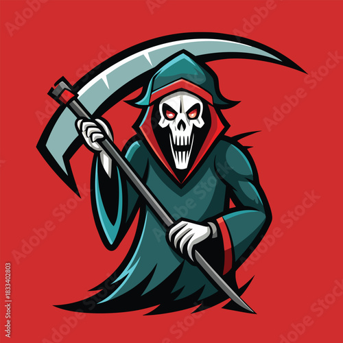 Grim reaper with scythe on red background