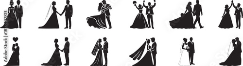  Wedding Couple Silhouettes vector illustration, Love, bride and groom silhouettes, Wedding celebration, love Mr. and Mrs, new family, marriage, Engagement, Wedding dance