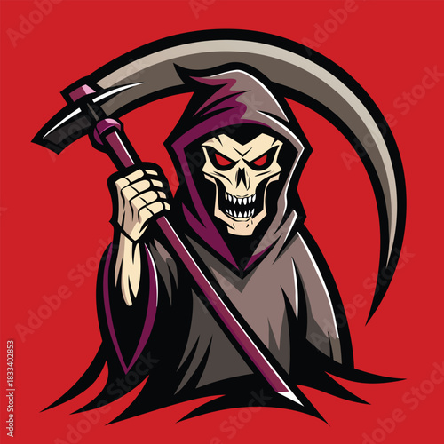 Grim reaper with scythe on red background