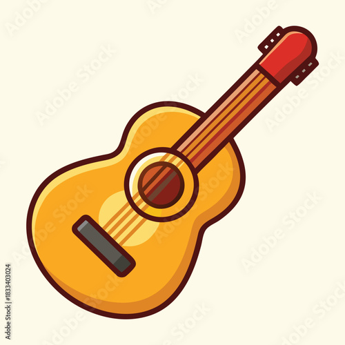 Acoustic guitar with a warm wooden finish and six strings