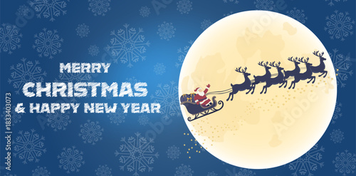 Magical Christmas night with Santa Claus sleigh and snowy houses, vector background