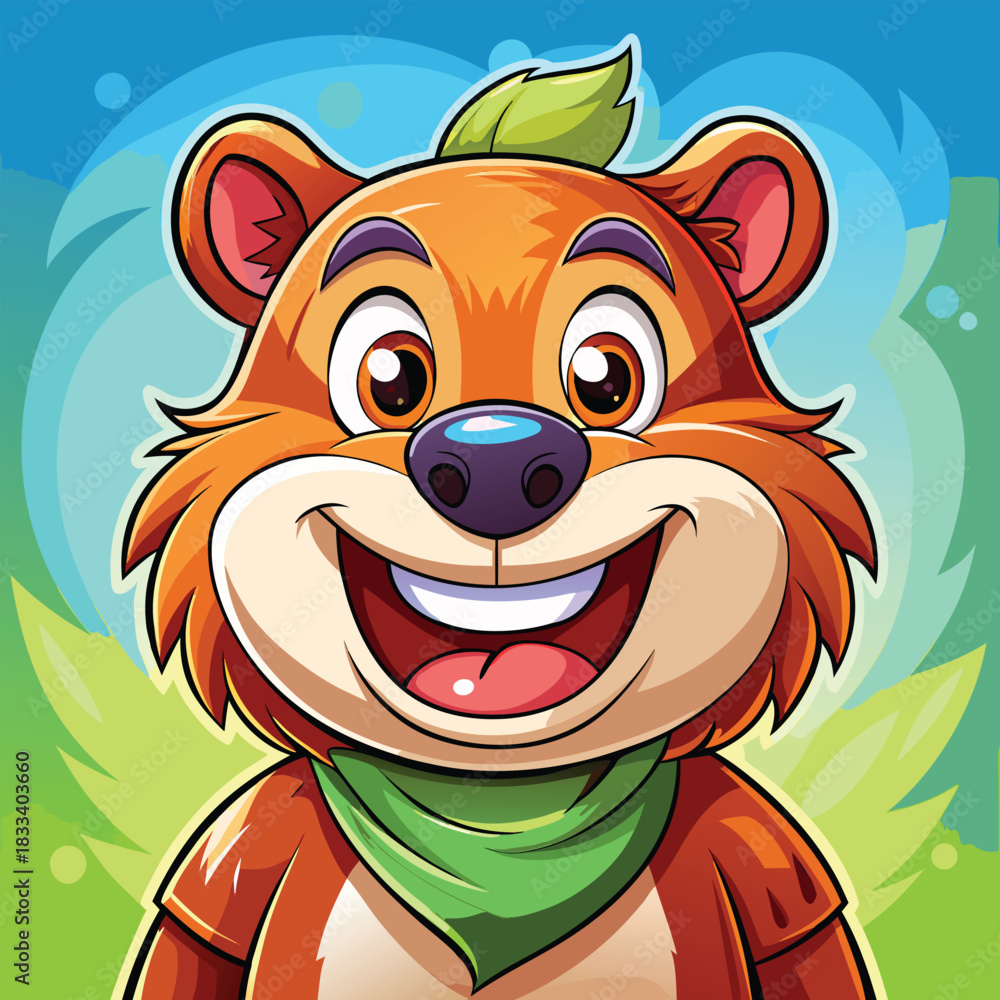 Obraz premium Joyful cartoon bear character with green scarf and leaf