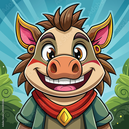 Smiling cartoon boar character with red scarf and gem pendant