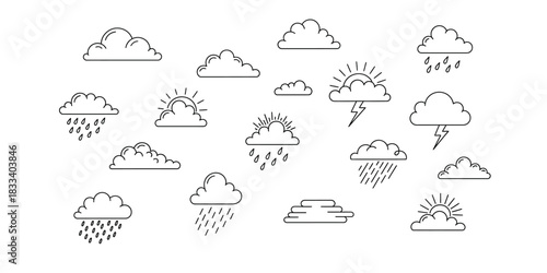 Weather icon collection hand drawn clouds sun rain and lightning.