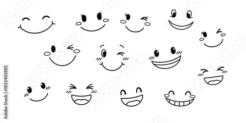 Hand drawn smile faces collection of happy and expressive emoticons.