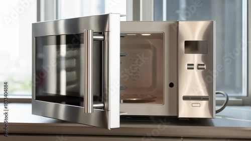 A silver microwave oven sits on a countertop. The microwave is black and silver, and it is turned off