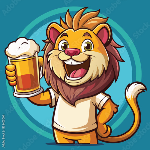 Cartoon lion holding a frothy beer mug