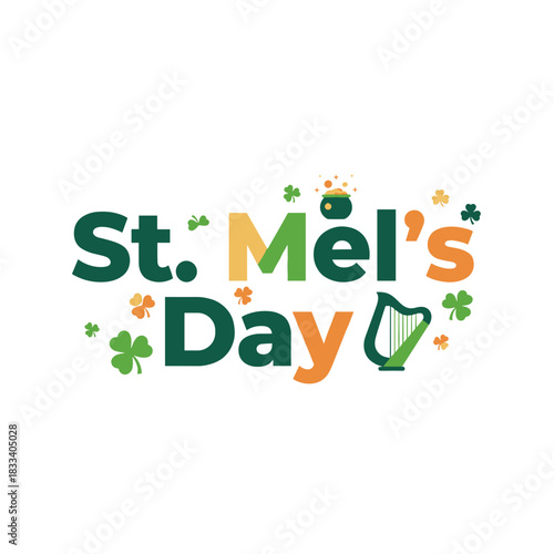 St. Mel's Day festive graphic with shamrocks and harp  