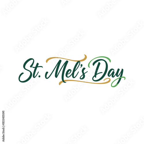 St. Mel's Day decorative text logo in green and gold colors  