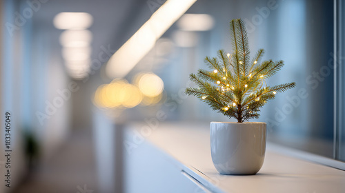 Small potted Christmas tree decorated with warm white fairy lights on a modern windowsill with blurred background