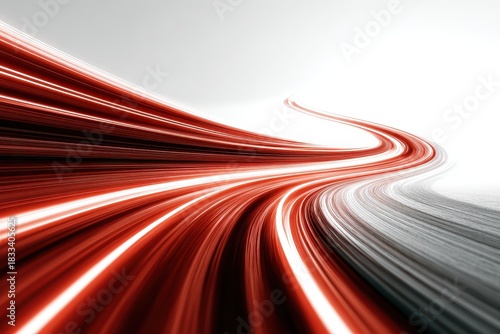 Abstract red and white light streaks move and curve dynamically through space on a gradient white and gray background
