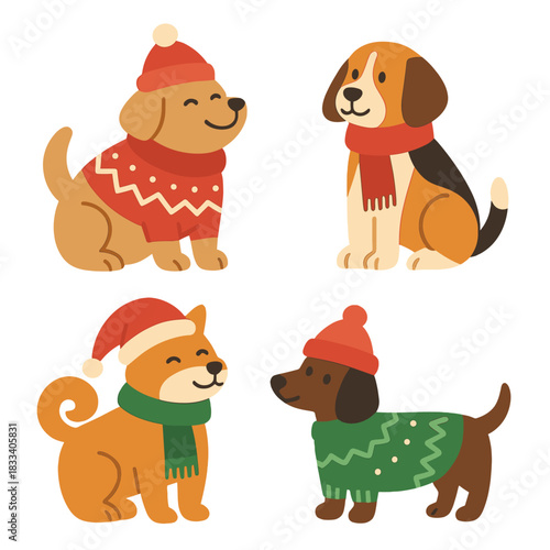 A set of festive dog illustrations featuring adorable pets wearing knitted hats, sweaters, and scarves for a merry Christmas