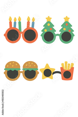 Whimsical party glasses: carnival‑style eyewear for birthdays, Christmas, New Year, and fast‑food festivals, featuring quirky accessories and a bold vector set