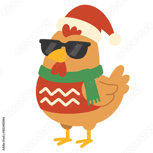 A humorous chicken wearing glasses in a Christmas costume, a cool bird, illustrated as an animal