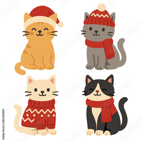 A set of festive cat illustrations featuring adorable cats wearing knitted hats, sweaters, and scarves