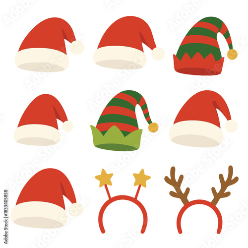 A large collection of various red Santa Claus Christmas hats, including caps with white fur and pom-poms, striped green and red elf hats, and a headband featuring a star and deer antlers—vector