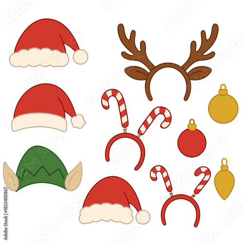 Vector illustration featuring Christmas hats and decorations, including Santa Claus hats, whimsical elf ears, deer antlers, and carnival headbands