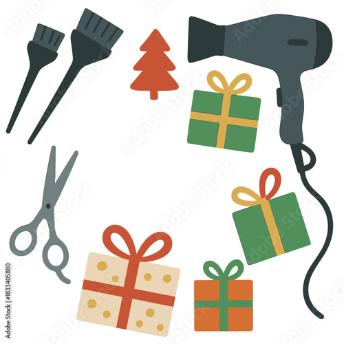 A white‑background template featuring a hairdresser’s New Year and Christmas greeting or hairdressing information, with brushes for coloring, a hair dryer, scissors, and gifts, leaving space for text