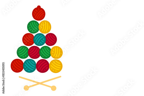 A cheerful Christmas tree made of colorful wool balls on knitting needles against a wooden backdrop, offering New Year's greetings for needlewomen, with a blank area for congratulatory text