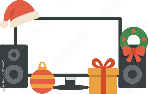 Mockup featuring a TV behind speakers and Christmas decorations