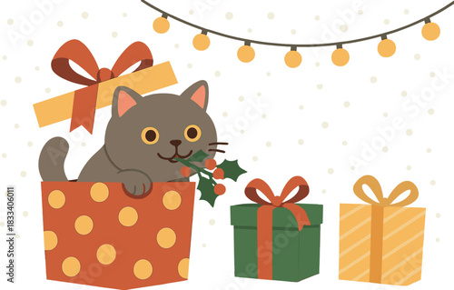 A British Christmas cat inside a gift box nibbles at holiday decorations while surrounded by gift boxes against a snowy, lighted winter backdrop, featured on a New Year greeting card with space for