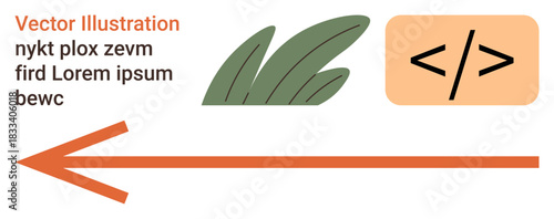 Website design, coding, user interface, navigation, direction, digital communication. Orange arrow pointing left, coding symbol greenery placeholder text. Website design and coding concept