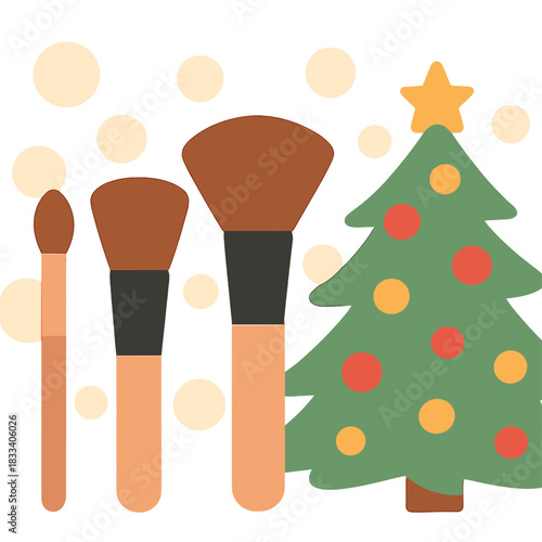 A collection of makeup brushes positioned beside a Christmas tree, with a bokeh background and ample copy space