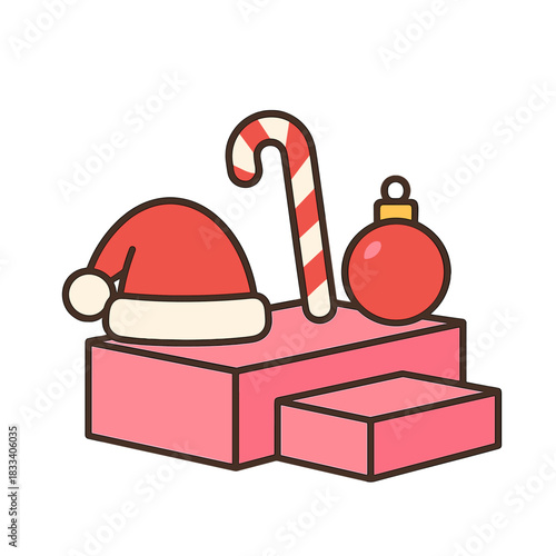 A minimal product mock‑up background for a Christmas and winter holiday theme, featuring a Santa hat, candy cane, and bauble on a pink step platform, rendered in 3D with clipping paths for each