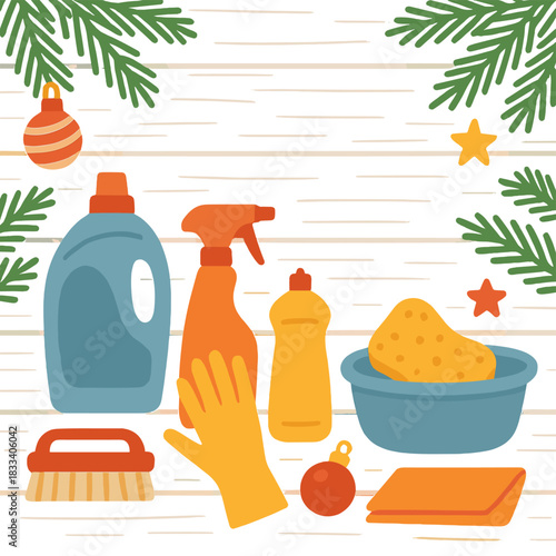 A Christmas-themed flatlay for a winter cleaning campaign banner mockup, featuring assorted detergents, bottles, sprays, accessories, utensils, set against a white wooden backdrop adorned with