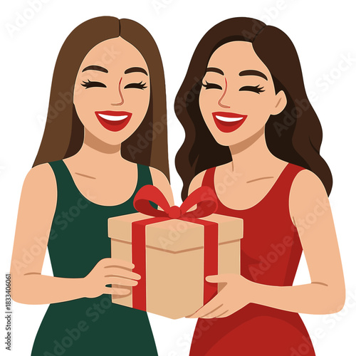 Two beautiful, sexy young women with bright evening makeup, red lips, long fluffy eyelashes, hold a gift box for the holiday New Year, spreading joy, fun, happiness, merry Christmas Eve party