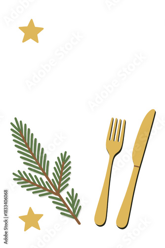 Top view of a Christmas table setting featuring an empty black ceramic plate, a fir tree branch, and gold accessories against a black stone background, with copy space