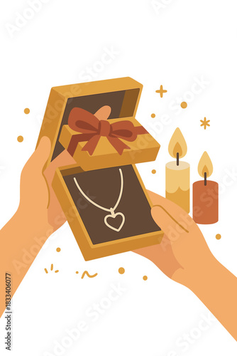 Beloved Festivity: Hands Unveiling a Special Anniversary Gift, a Silver Necklace, Under Festive Candlelight