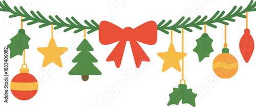 A Christmas garland against a white backdrop, featuring a copy space for adding text or design