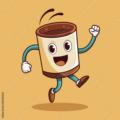 Happy cartoon coffee cup character running with joy