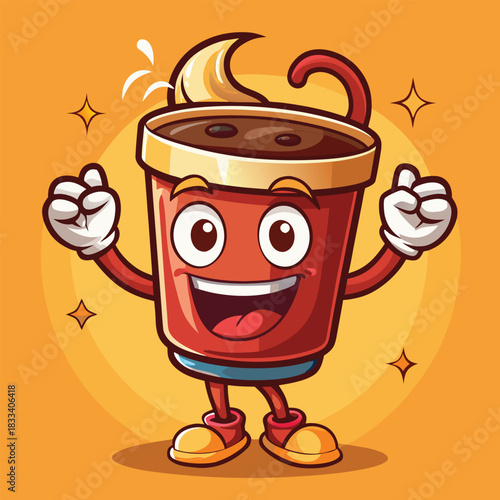 Happy cartoon coffee cup character with whipped cream